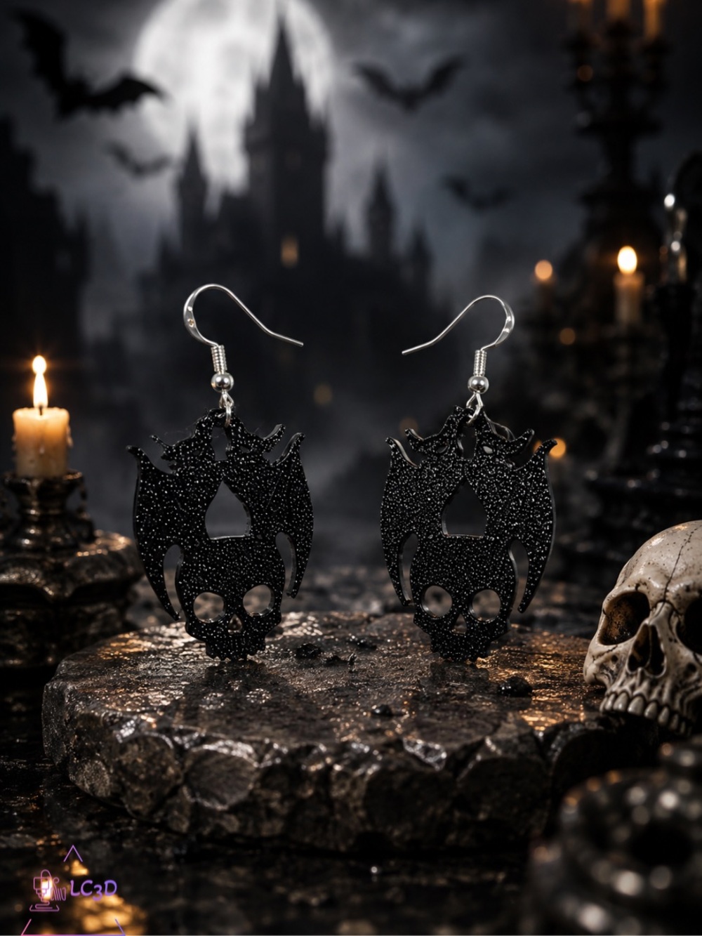 Gothic Black Skull Bat Dangle Earrings - Unbranded